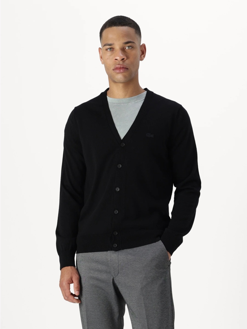 Lacoste Men's Black V-Neck Button-Up Cardigan Sweater Medium 4